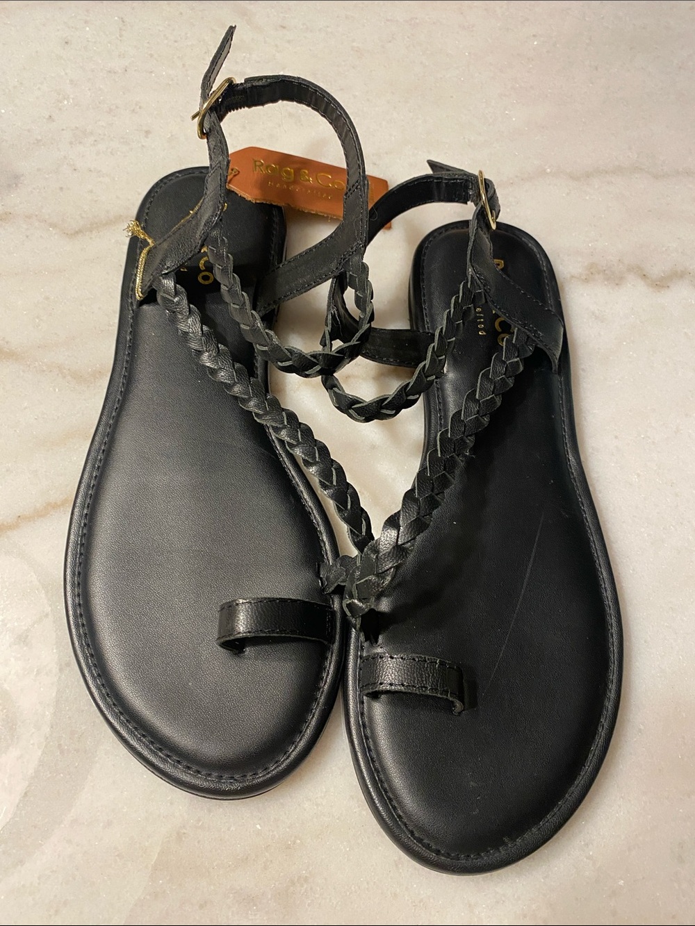 NWT Rag & Co Black Braided Leather Toe-Loop Sandals Women's size 8.5